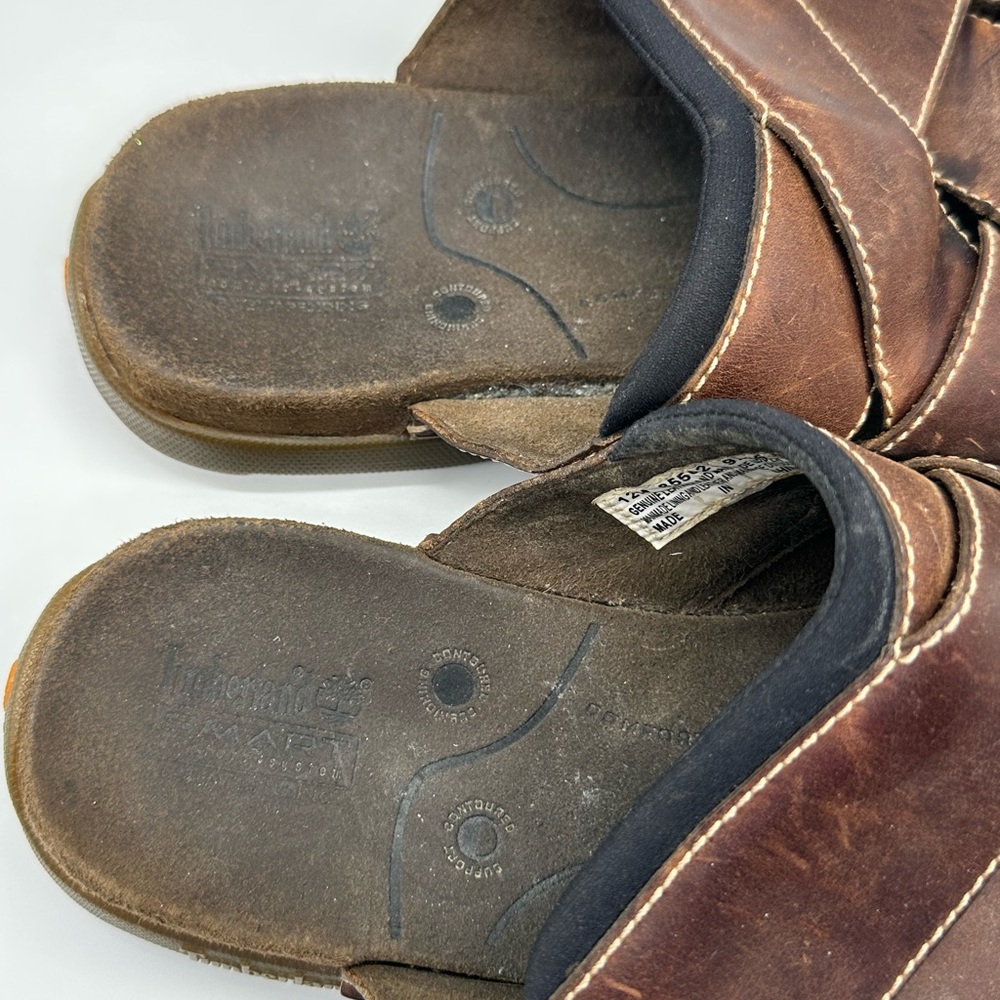 Timberland Smart Comfort System Brown Mens Leather Slides Sandals Size 12 WORN - Picture 2 of 7